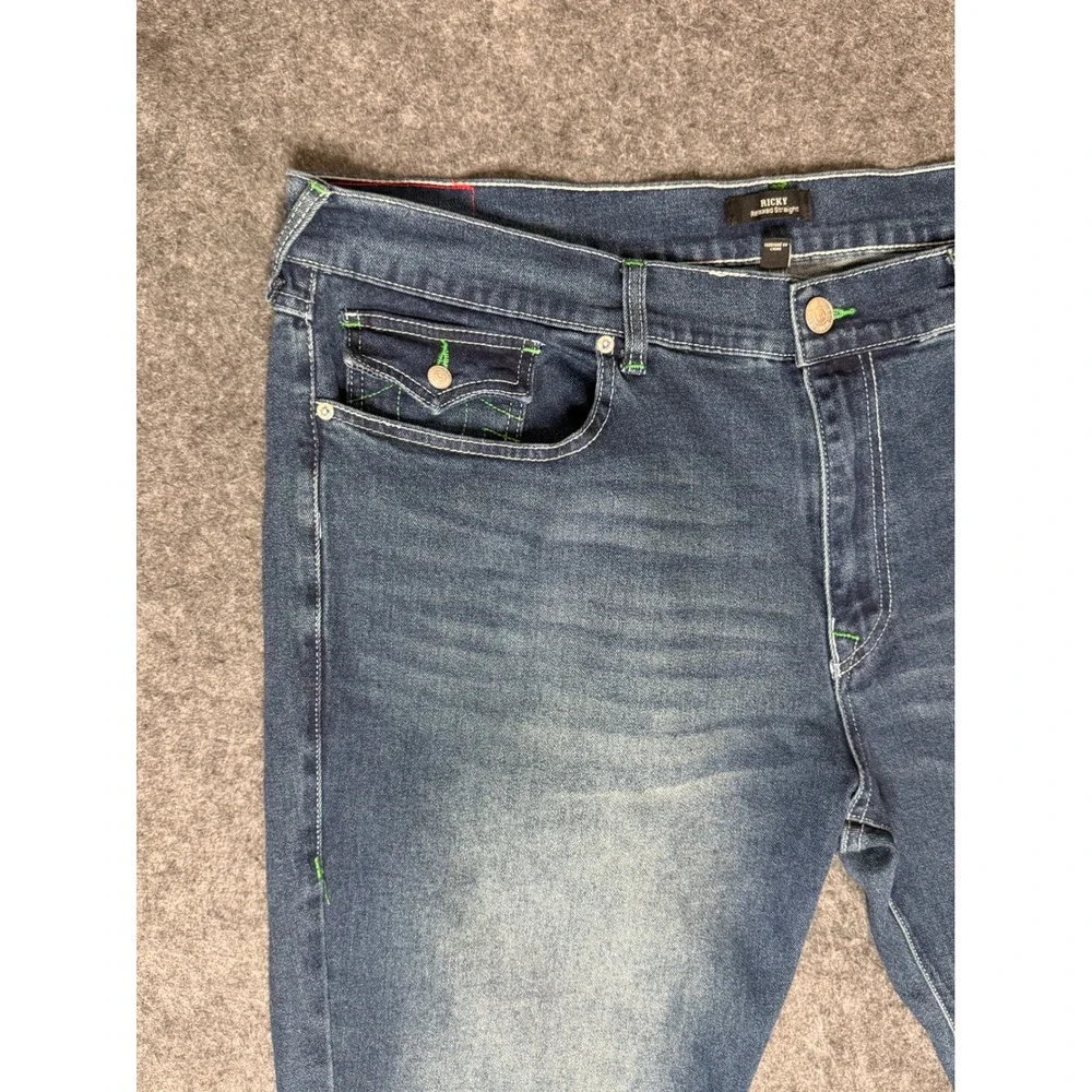 True Religion Ricky Relaxed Straight Jeans Mens 42 Blue Denim Neon‎ Green Stitch